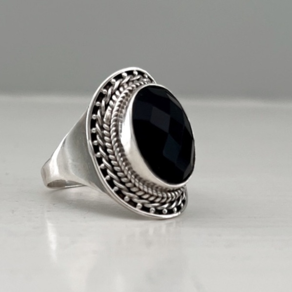 Faced Black Stone  in Sterling Silver Ring